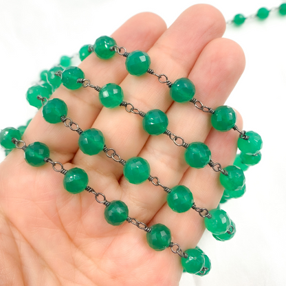 Green Onyx Rondel Faceted Shape Oxidized Wire Chain