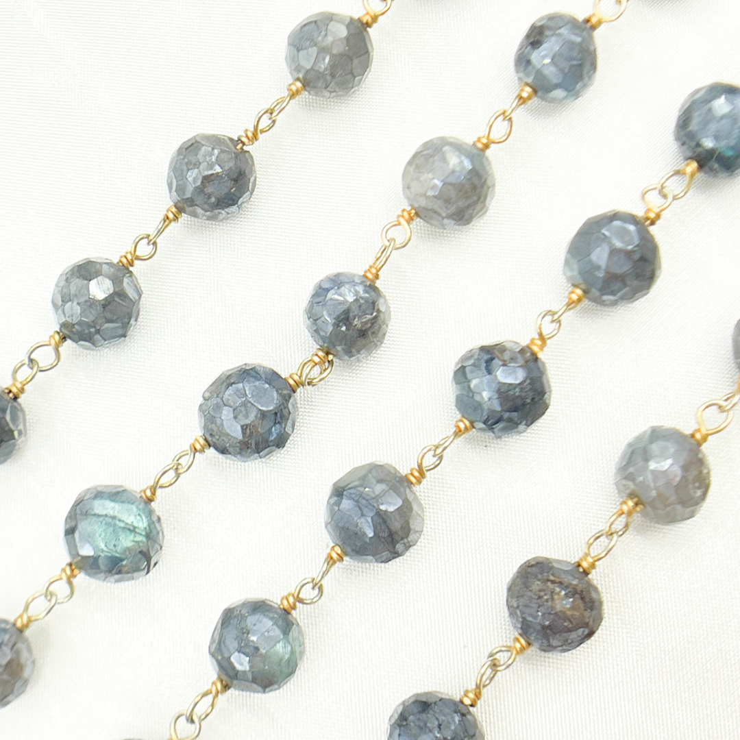 Coated Labradorite Round Shape Gold Plated Wire Chain. CLB41