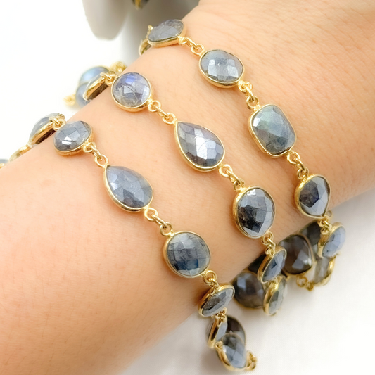Coated Labradorite Mix Shape Bezel Gold Plated Wire Chain.