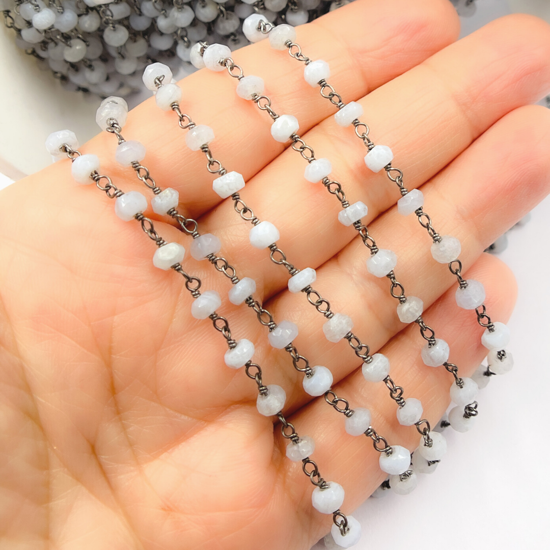 Blue Lace Agate Black Rhodium 925 Sterling Silver Wire Chain