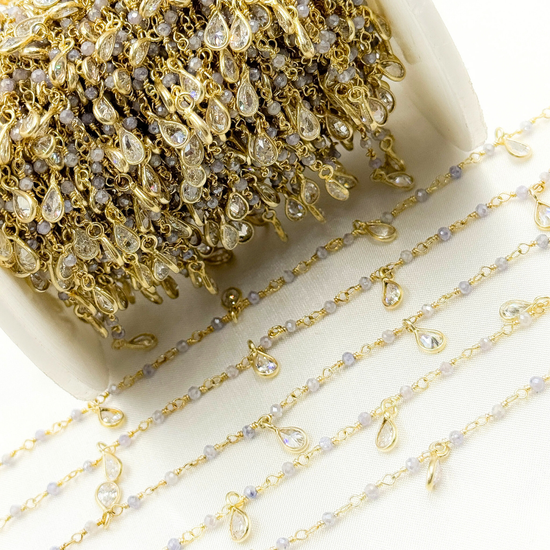 Coated Blue Quartz & CZ Dangle Gold Plated Wire Chain.