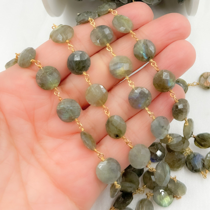 Labradorite Coin Shape Gold Plated 925 Sterling Silver Wire Chain.