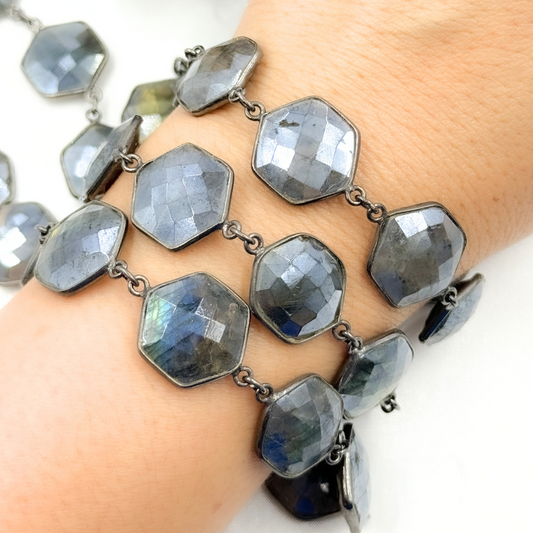Coated Labradorite Hexagon Shape Bezel Oxidized Wire Chain