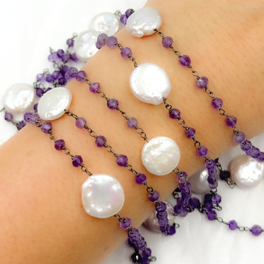Amethyst & Pearl Round Shape Bezel Oxidized Wire Chain