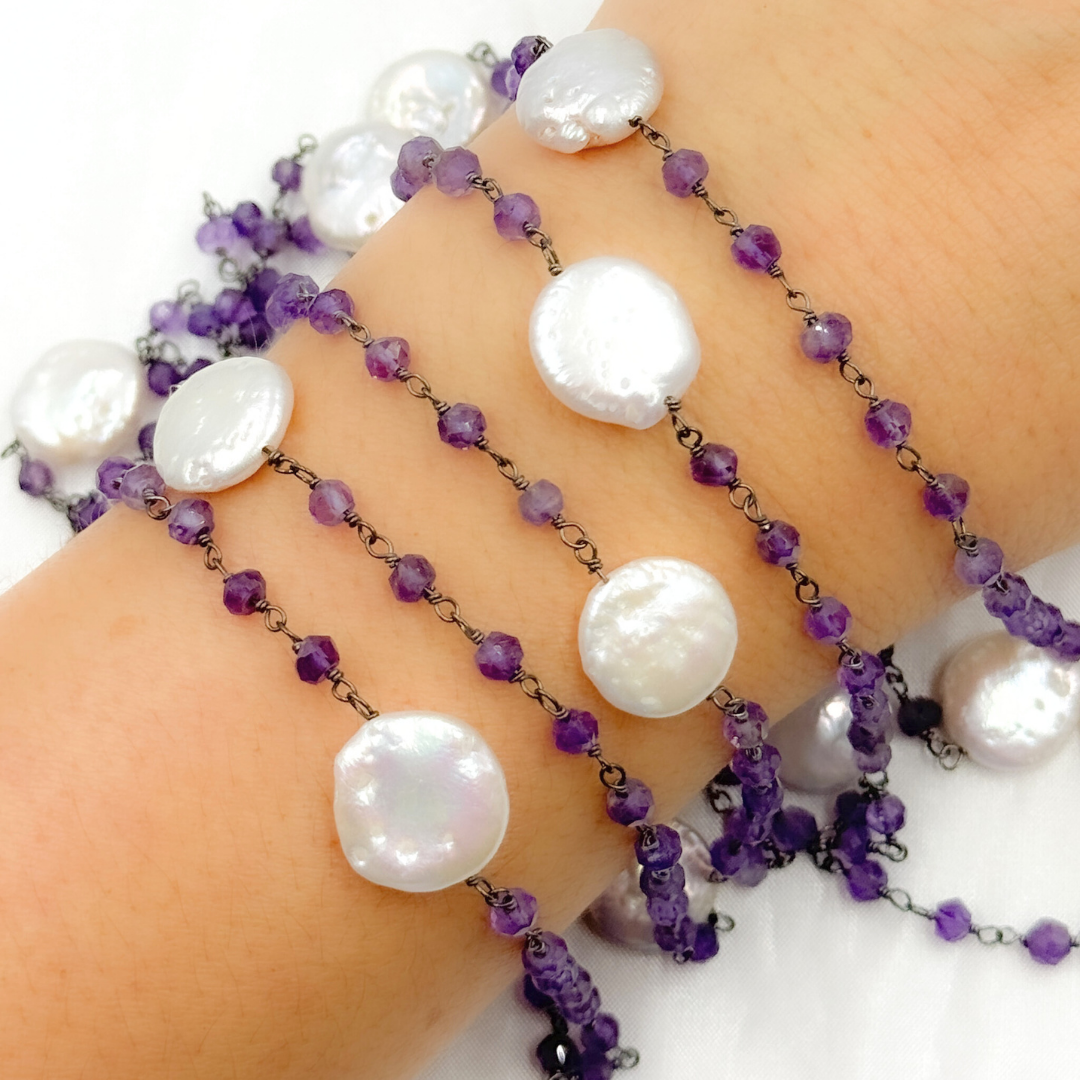 Amethyst & Pearl Round Shape Bezel Oxidized Wire Chain. AME33