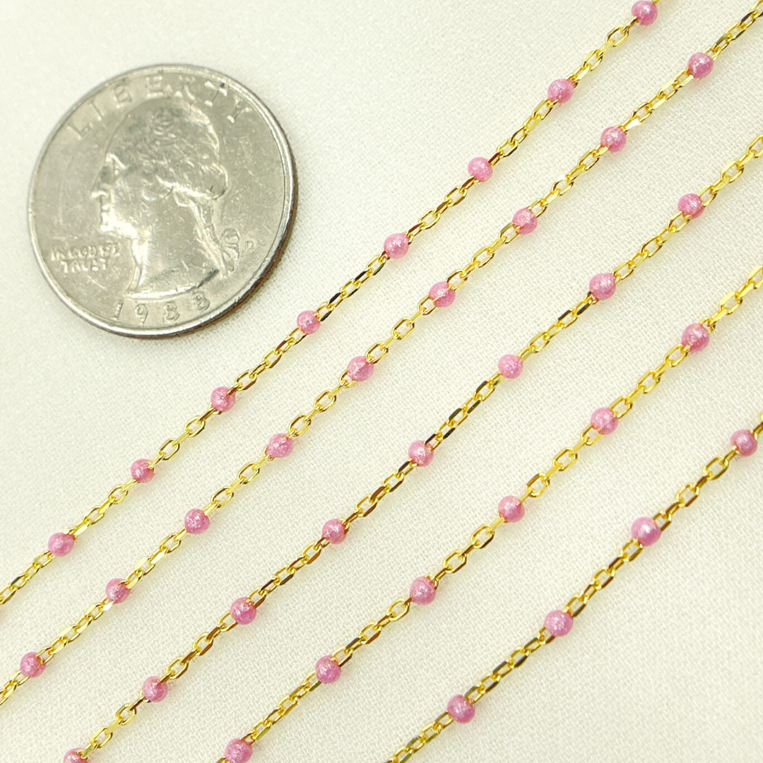 Gold Plated Sterling Silver Enamel Rose Color Cable Chain