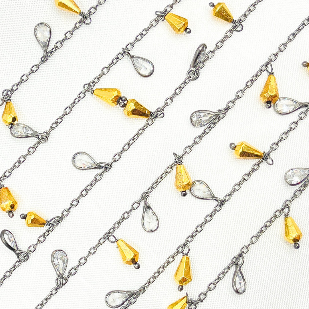 Golden Pyrite Drop & CZ Pear Shape Dangle Oxidized Wire Chain.