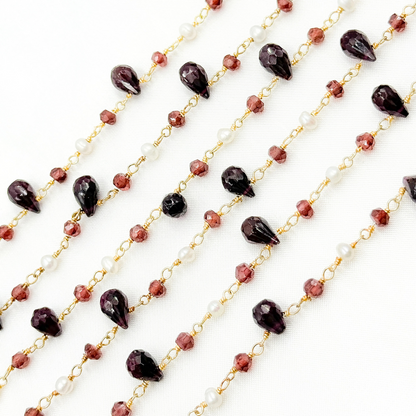 Garnet & Pearl Gold Plated Wire Chain.