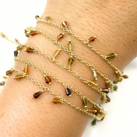 Multi Tourmaline Drop Dangle Gold Plated Wire Chain