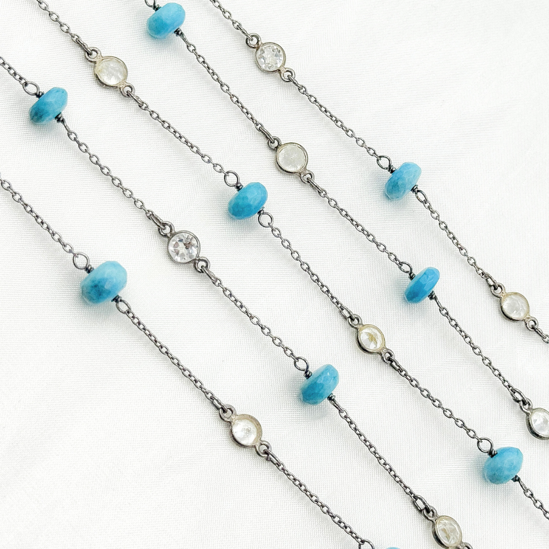 Turquoise & White Topaz Oxidized Connected Wire Chain. TRQ11