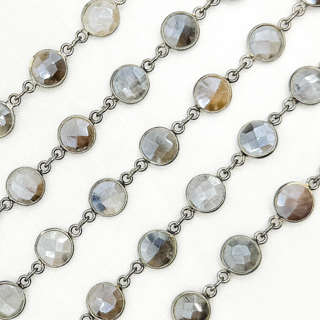Coated Grey Moonstone Round Shape Bezel Oxidized Wire Chain. CMS105