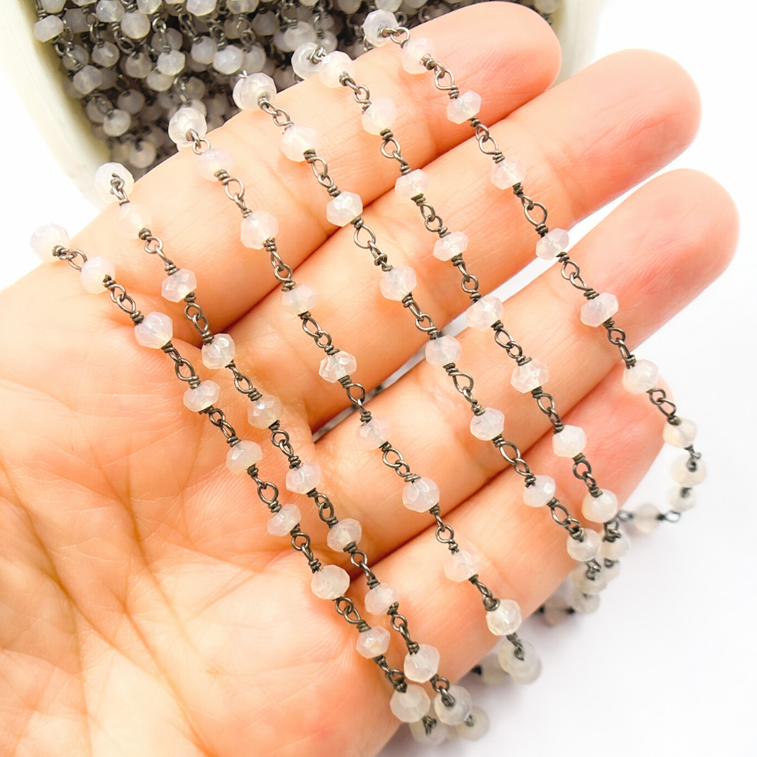 Pink Chalcedony Black Rhodium 925 Sterling Silver Wire Chain
