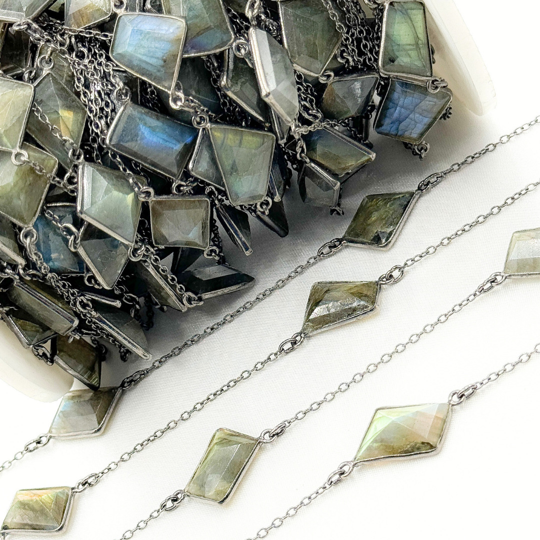 Labradorite Rectangle Shape Bezel Oxidized Connected Wire Chain