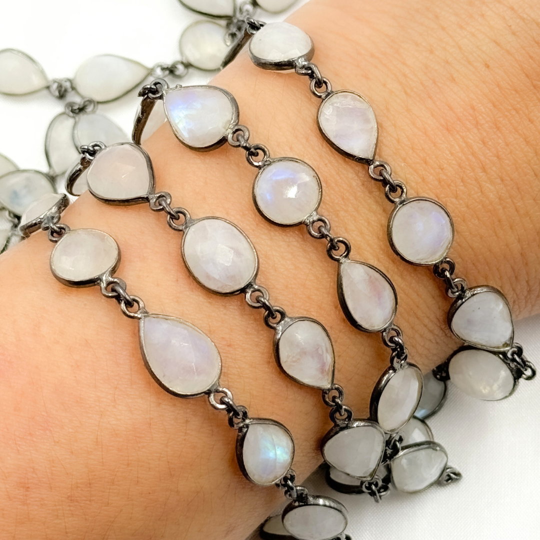 White Moonstone Oval & Pear Shape Bezel Oxidized Wire Chain. WMS36