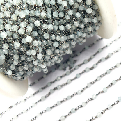 Aqua Blue gemstone Oxidized 925 Sterling Silver Wire Chain