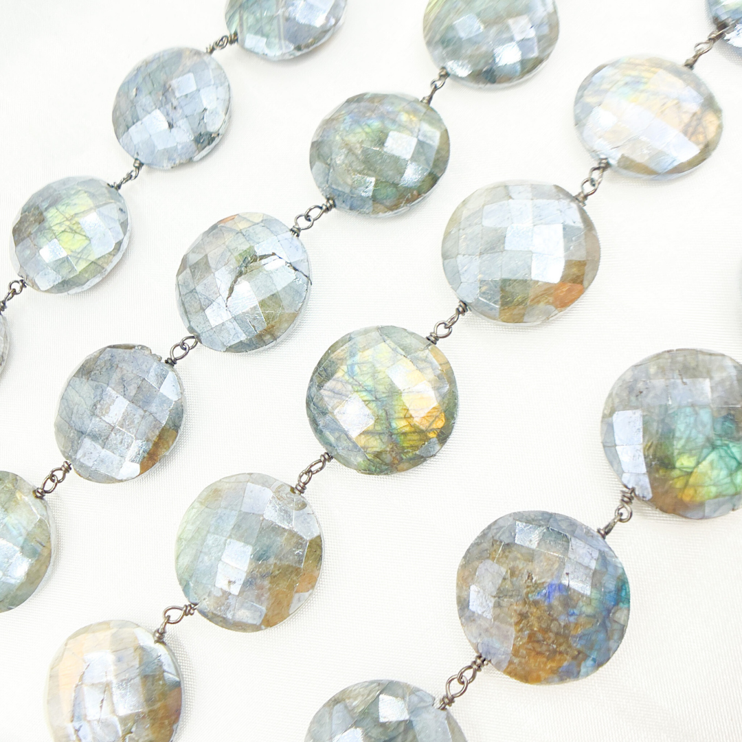 Coated Labradorite Coin Shape Oxidized Wire Chain