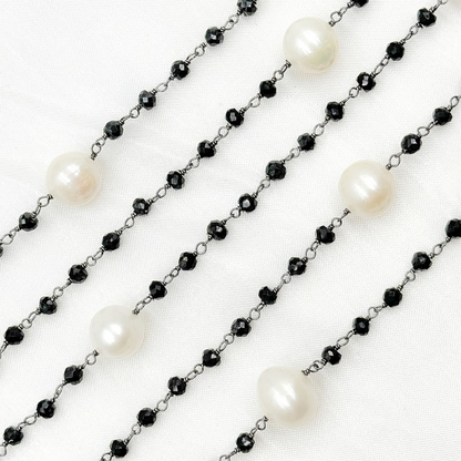 Black Spinel & Pearl Oxidized 925 Sterling Silver Wire Chain.
