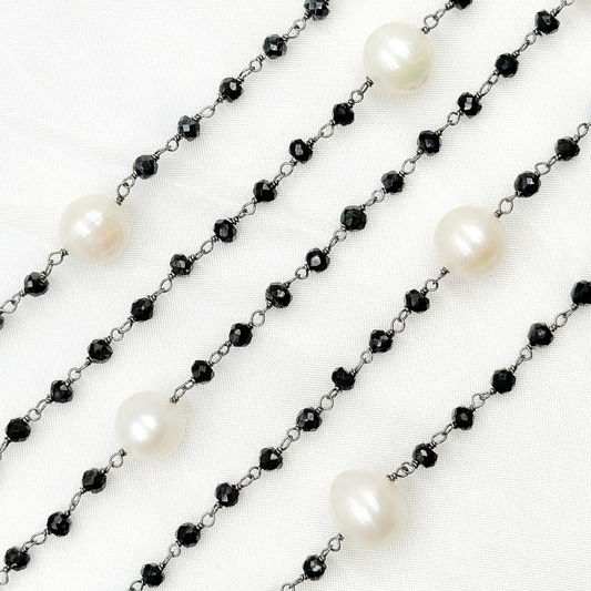 Black Spinel & Pearl Oxidized 925 Sterling Silver Wire Chain.