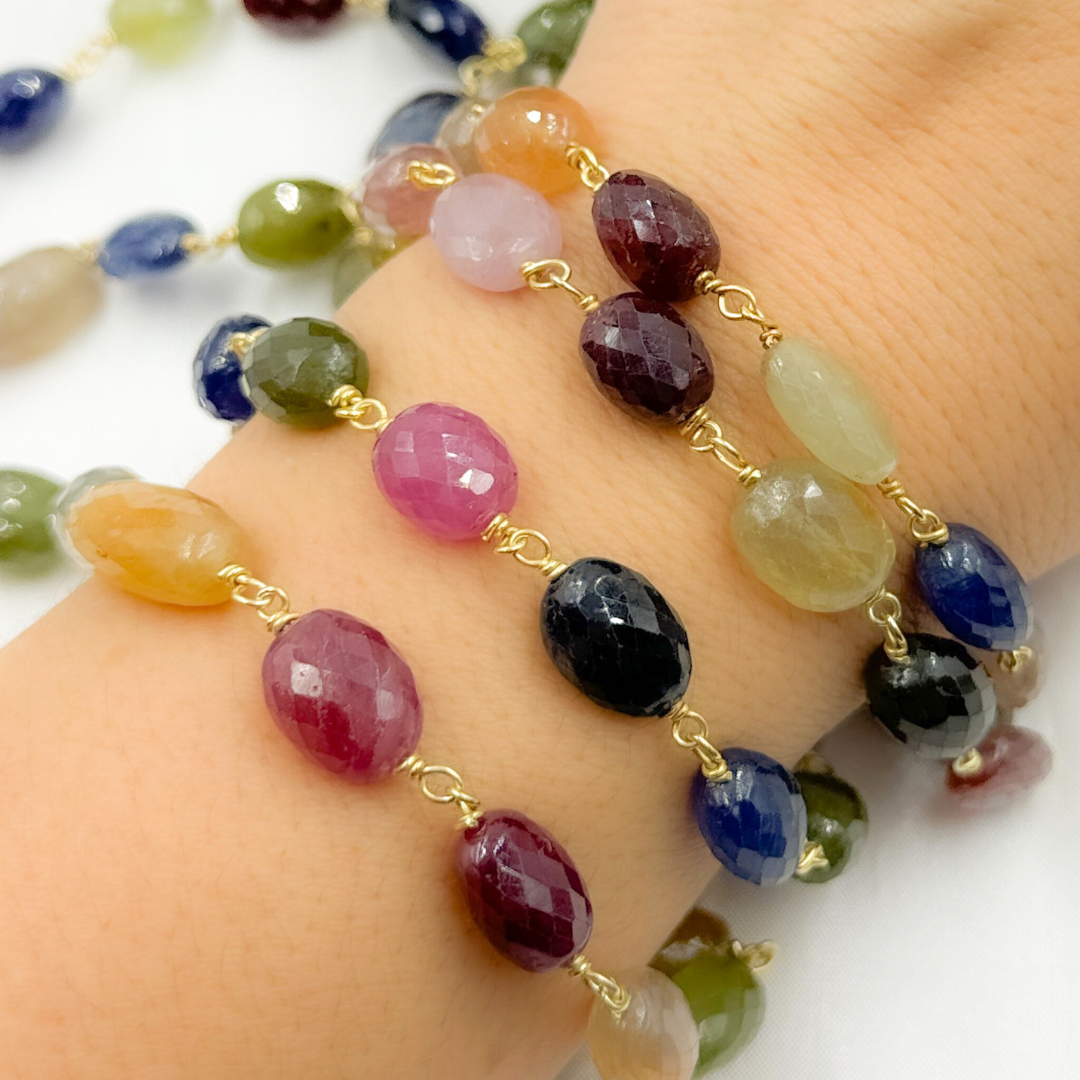 Multi Sapphire Rondel Faceted Gold Plated 925 Sterling Silver Wire Chain