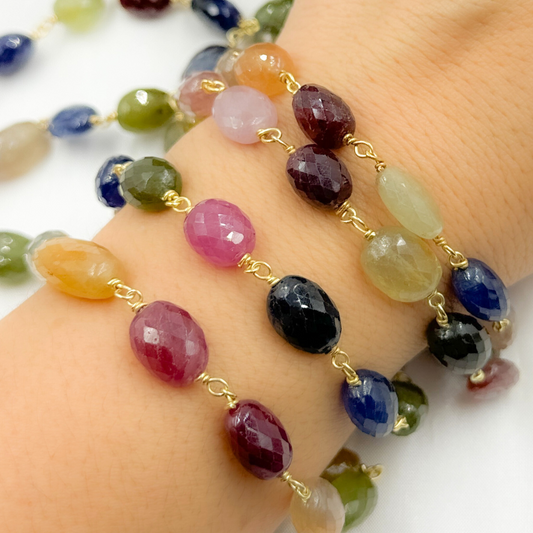 Multi Sapphire Rondel Faceted Gold Plated 925 Sterling Silver Wire Chain