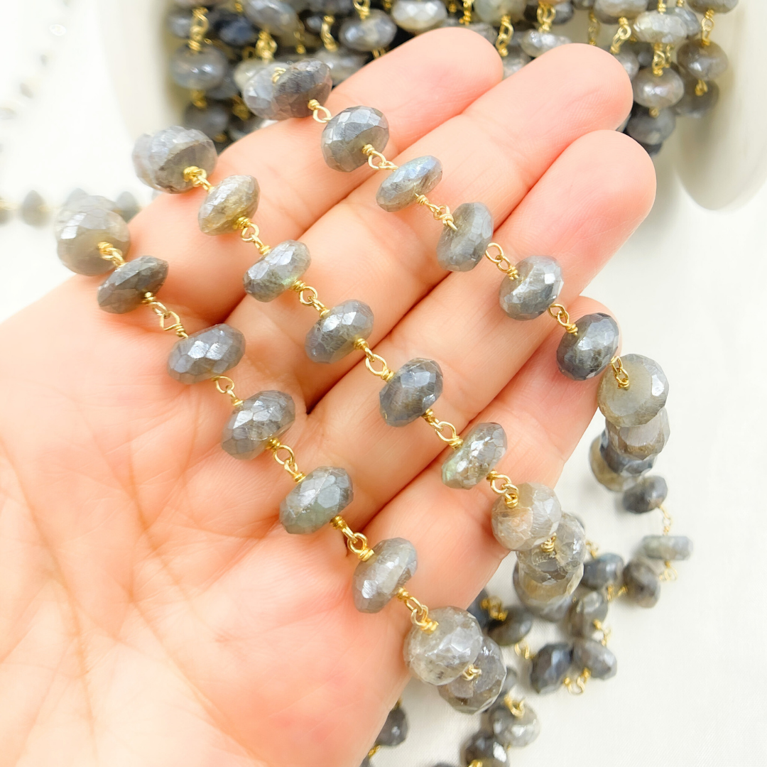 Coated Labradorite Faceted Rondel Gold Plated Wire Chain.