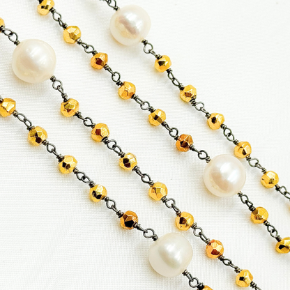 Golden Pyrite & Pearl Oxidized 925 Sterling Silver Wire Chain.