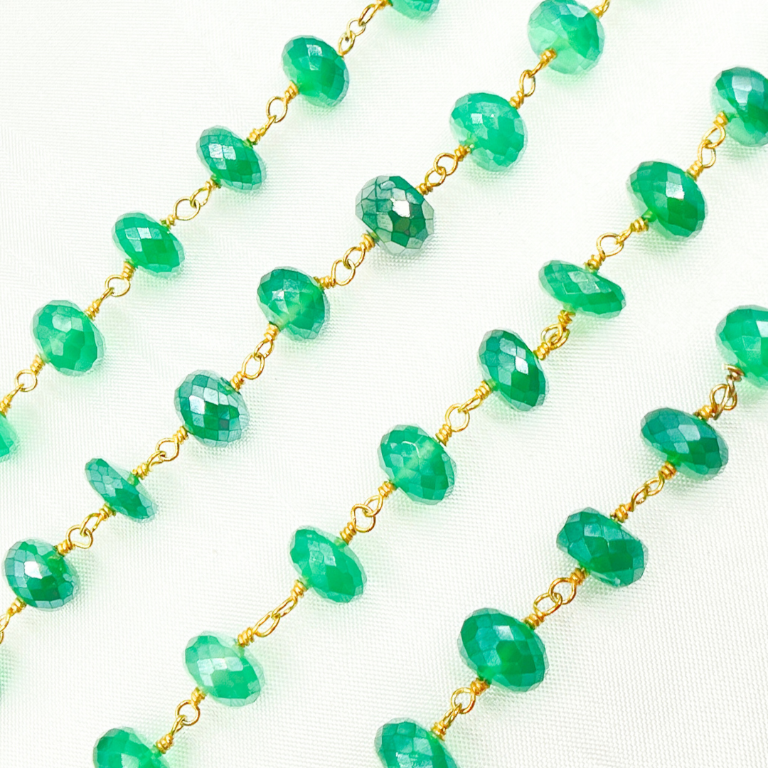 Coated Green Onyx Rondel Faceted Gold Plated Wire Chain