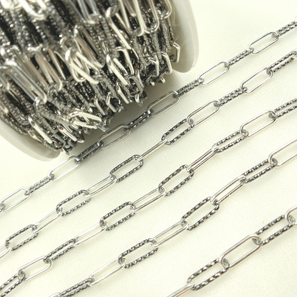 Black Rhodium 925 Sterling Silver Paperclip Diamond Cut & Smooth Link Chain.