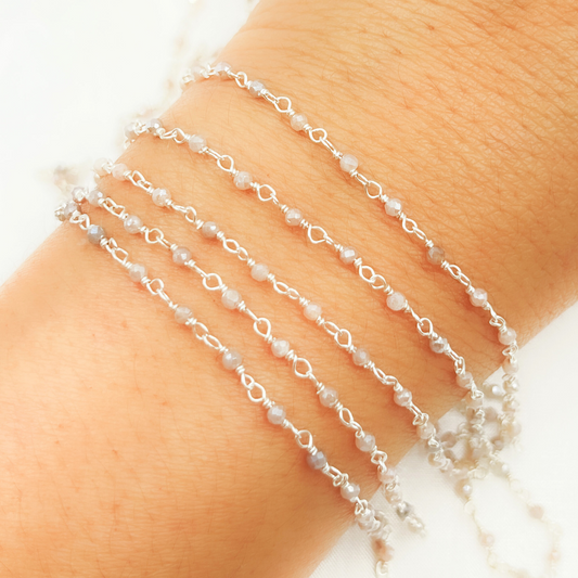 Coated Peach Moonstone 925 Sterling Silver Wire Chain
