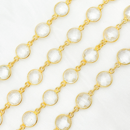 Crystal Round Shape Bezel Gold Plated Wire Chain.