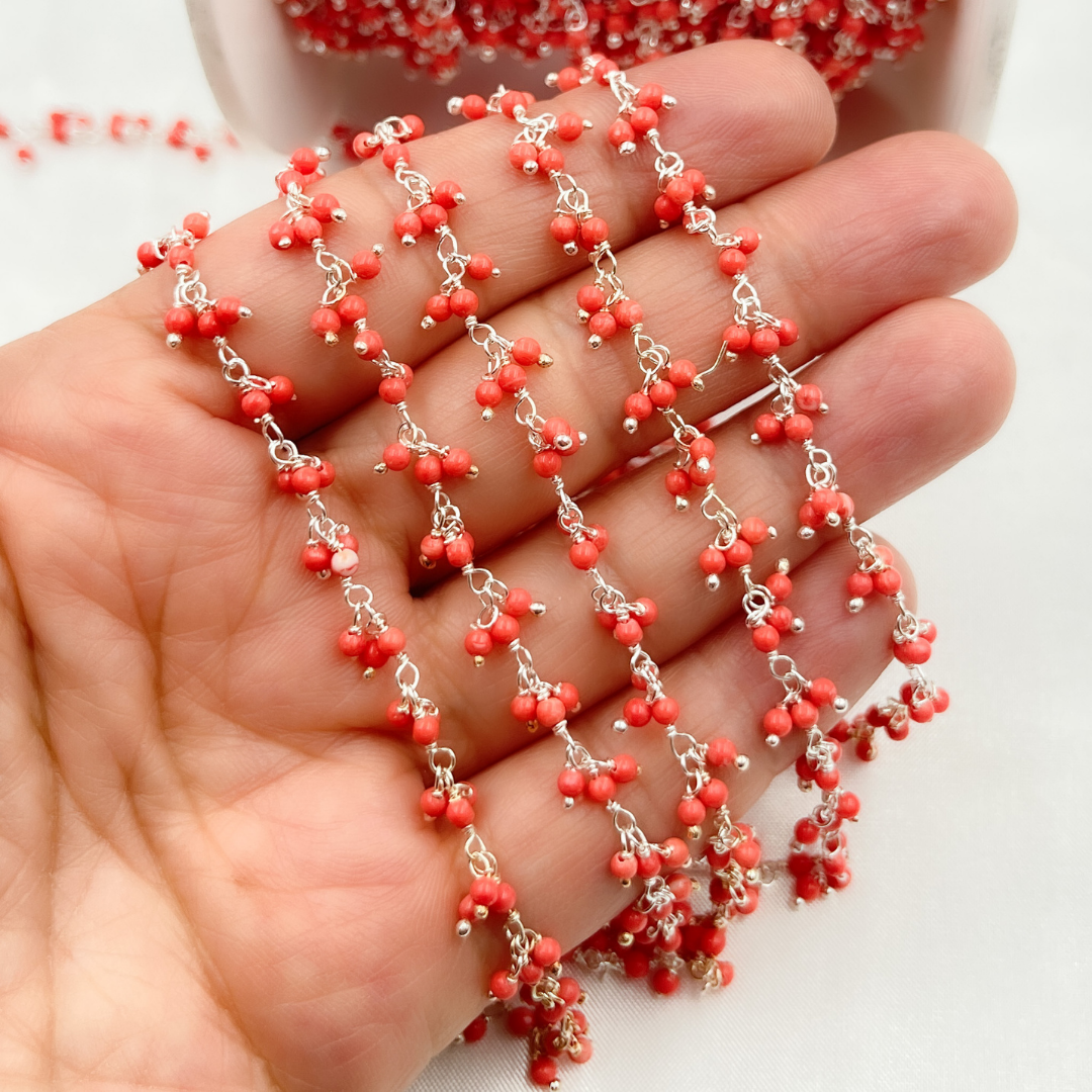 Red Coral Cluster Dangle 925 Sterling Silver Wire Chain