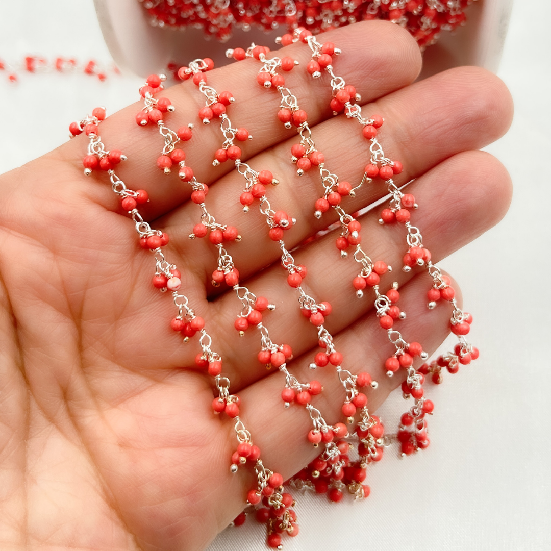 Red Coral Cluster Dangle 925 Sterling Silver Wire Chain. COR18