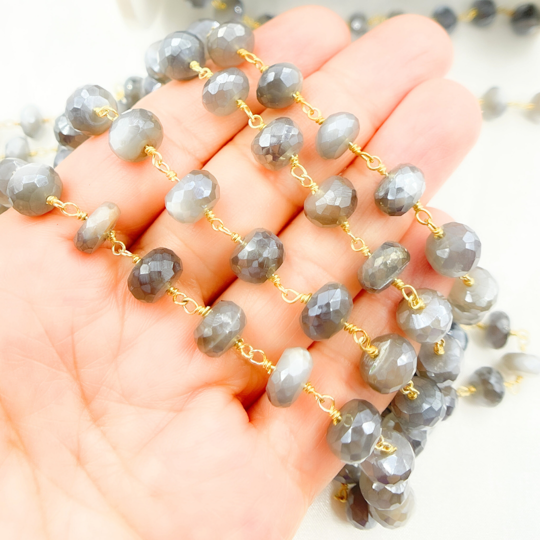 Coated Grey Moonstone Gold Plated Wire Chain