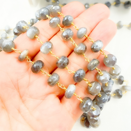Coated Grey Moonstone Gold Plated Wire Chain