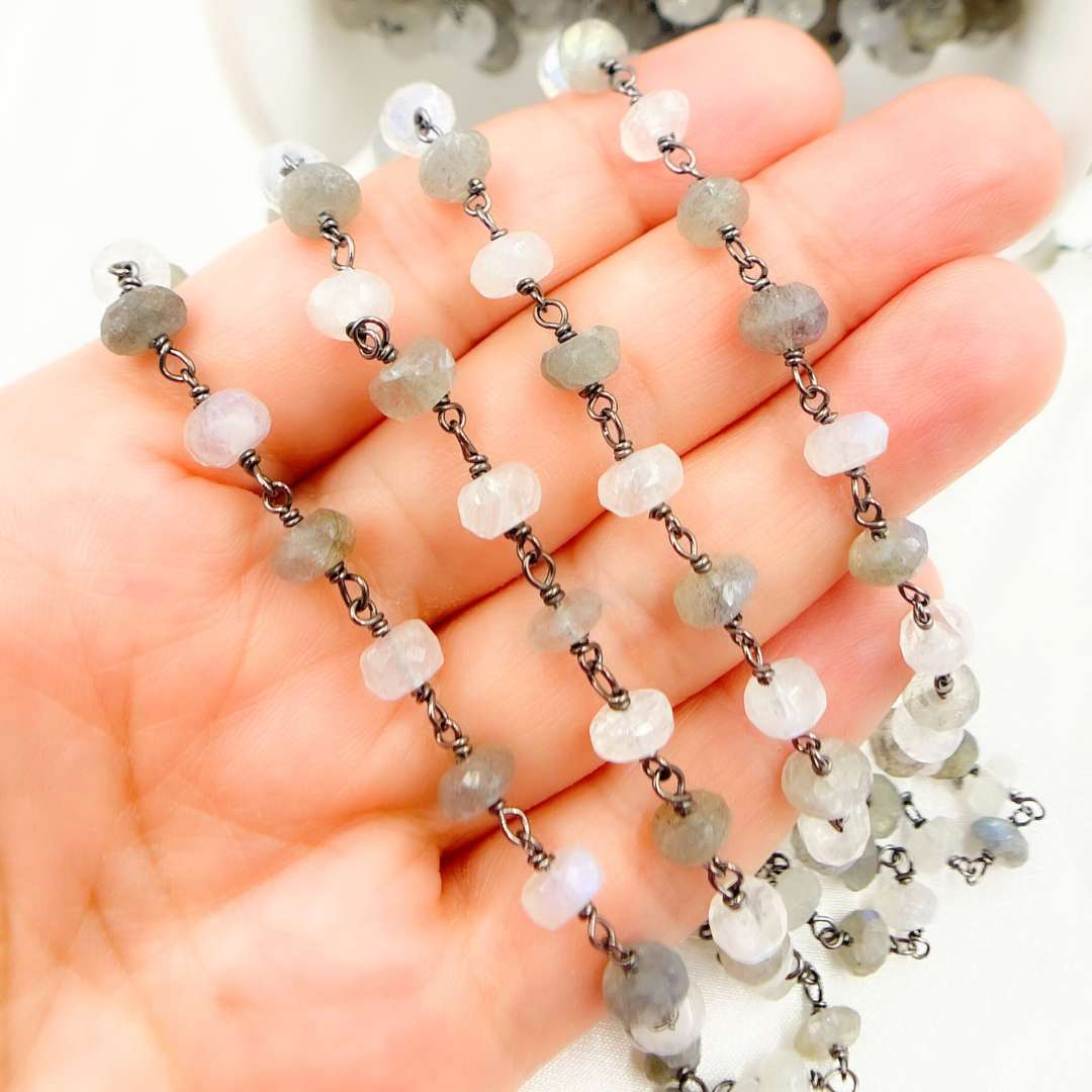 Labradorite & White Rainbow Moonstone Oxidized Wire Chain