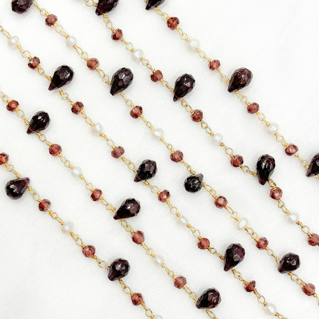 Garnet & Pearl Gold Plated Wire Chain