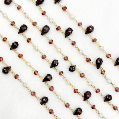 Garnet & Pearl Gold Plated Wire Chain