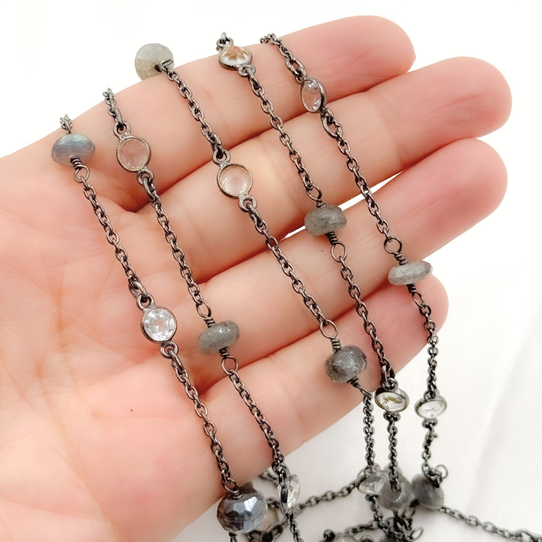 Labradorite & White Topaz Oxidized Connected Wire Chain.