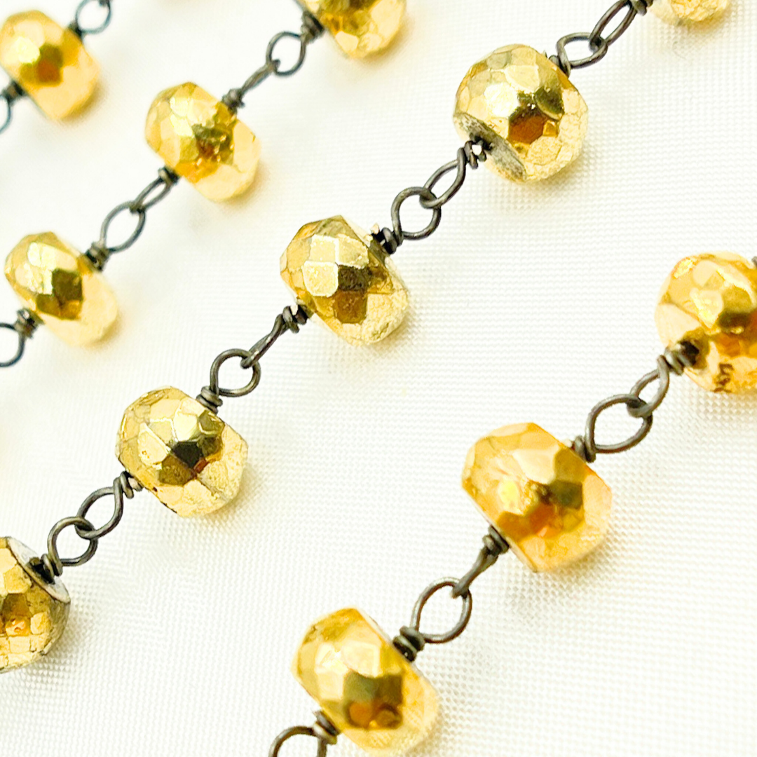 Golden Pyrite Faceted Rondel Oxidized Wire Chain. PYR42