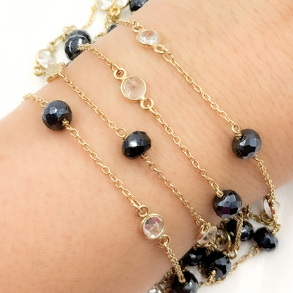 Coated Black Spinel Rondel Shape & White Topaz Gold Plated Connected Wire Chain
