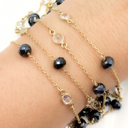 Coated Black Spinel Rondel Shape & White Topaz Gold Plated Connected Wire Chain