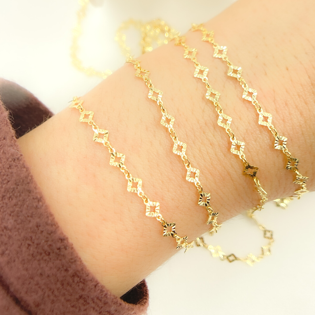 Gold Plated 925 Sterling Silver Diamond Cut Rhomb Link Chain. V18DCGP
