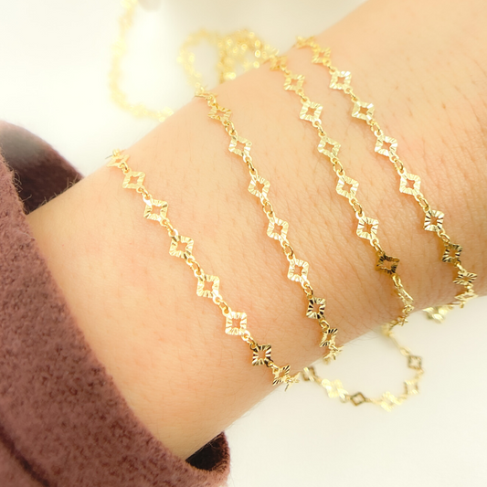 Gold Plated 925 Sterling Silver Diamond Cut Rhomb Link Chain. V18DCGP
