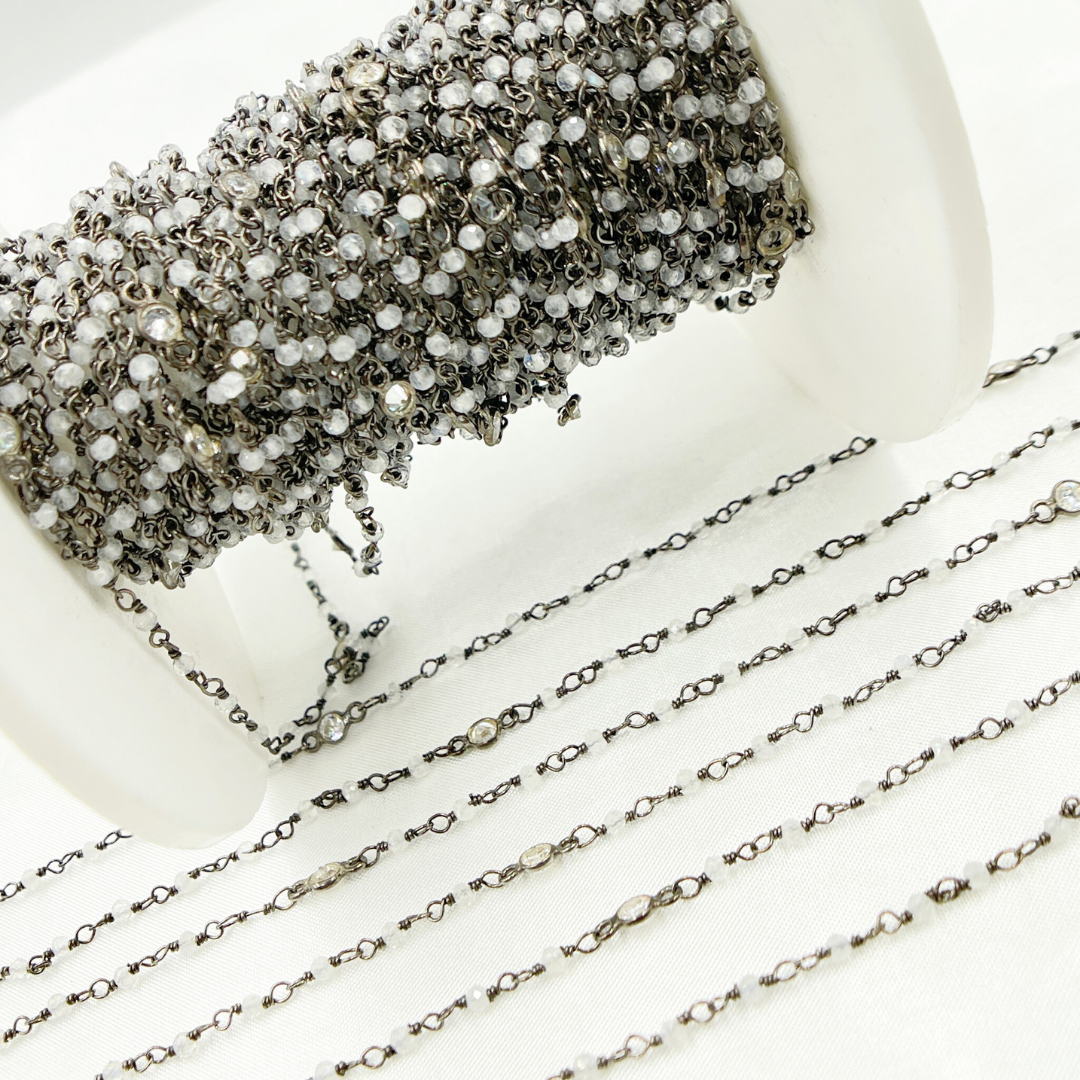 Coated Moonstone & CZ Combination Oxidized Wire Chain