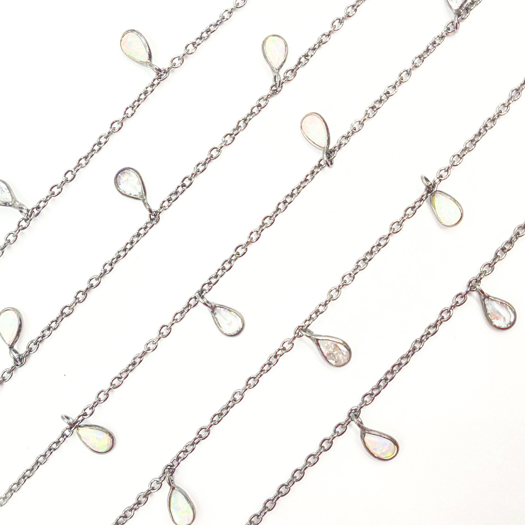 Created White Opal + CZ Pear Shape Dangle Chain