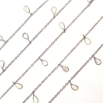 Created White Opal + CZ Pear Shape Dangle Chain