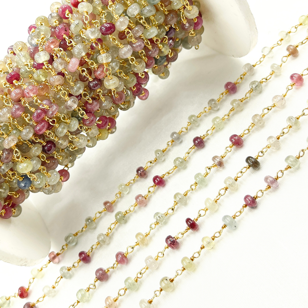 Multi Sapphire Pink Smooth Gold Plated Wire Chain