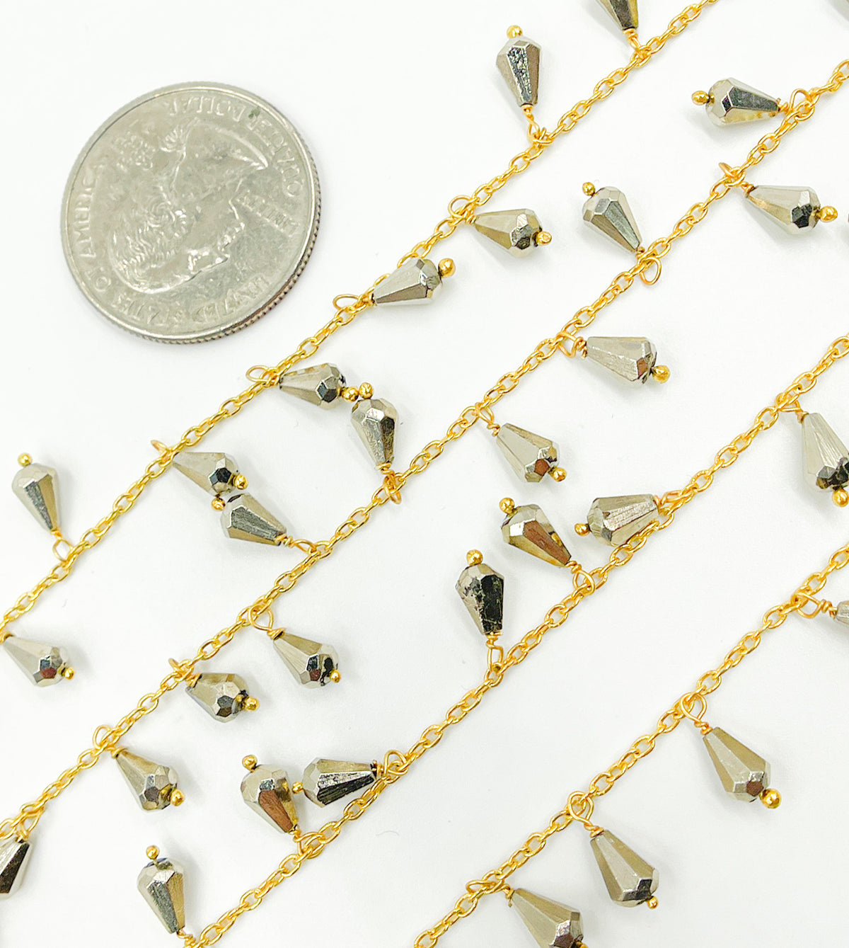 Steel Pyrite Drop Dangle Gold Plated Wire Chain.