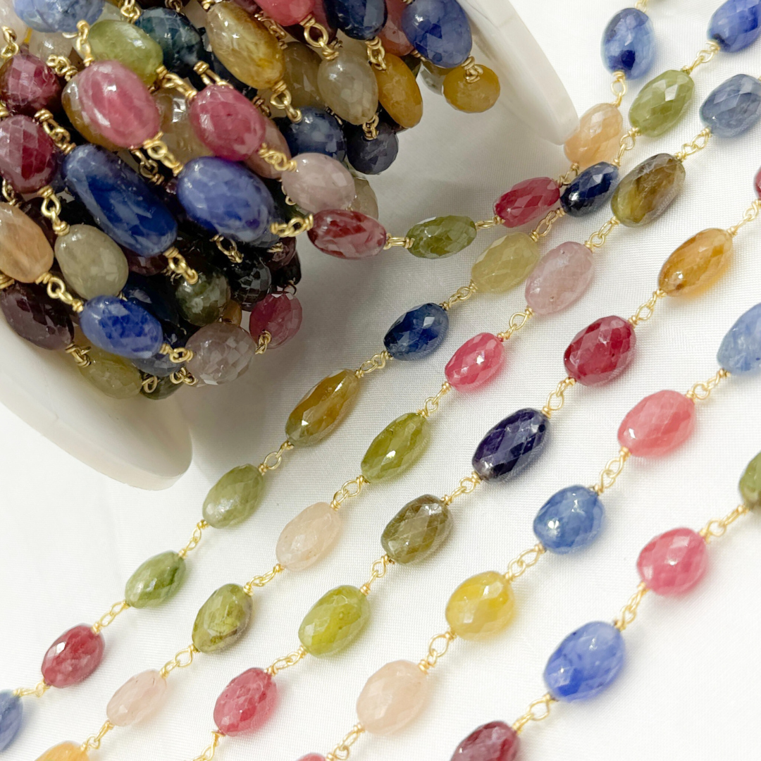 Multi Sapphire Rondel Faceted Gold Plated 925 Sterling Silver Wire Chain.