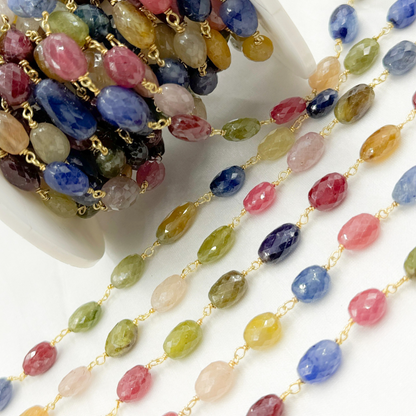 Multi Sapphire Rondel Faceted Gold Plated 925 Sterling Silver Wire Chain.